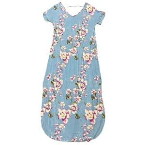 Women's Floral Maxi Dress Bule Pink Short Sleeve V-Neck Pockets Size M